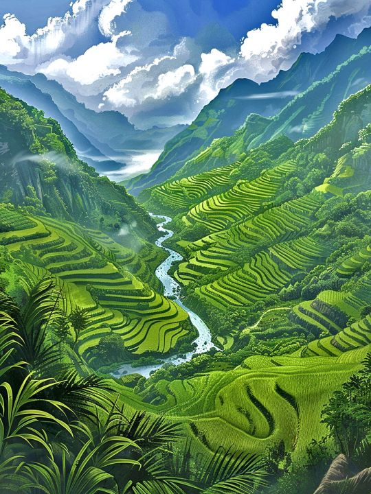 Алмазная мозаика без подрамника «Рисовые поля» 80x60 см