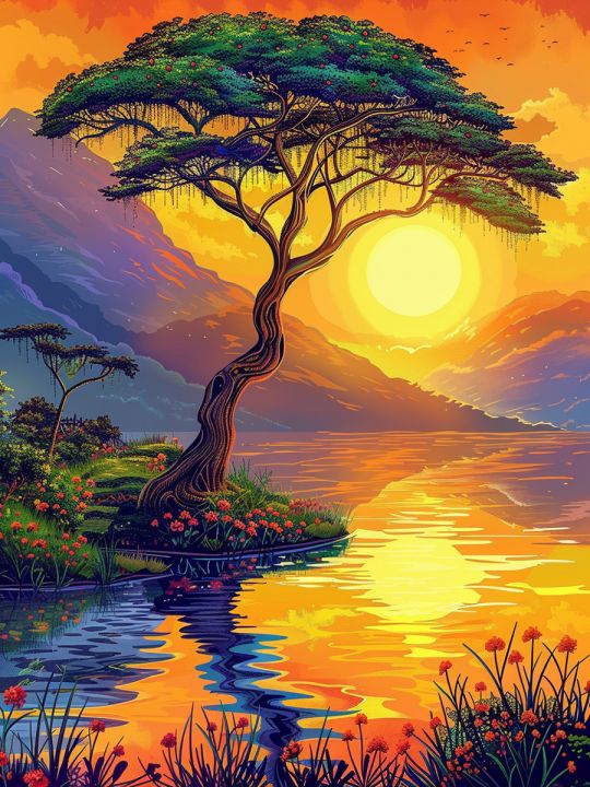 Алмазная мозаика без подрамника «Закат в саванне» 80x60 см