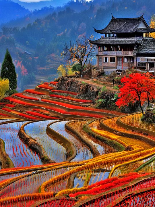 Алмазная мозаика без подрамника «Рисовые террасы» 80x60 см