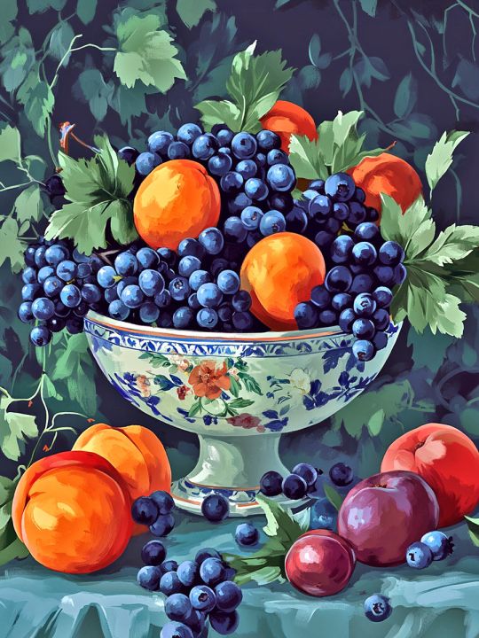 Алмазная мозаика без подрамника «Виноград в вазе» 60x45 см