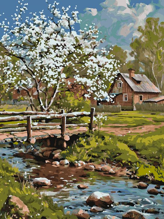 Картина по номерам без подрамника «Весеннее село» 90x70 см