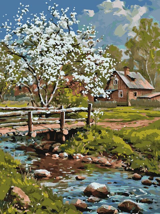 Картина по номерам без подрамника «Весеннее село» 80x60 см