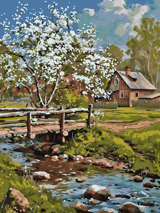 Картина по номерам без подрамника «Весеннее село» 130x100 см