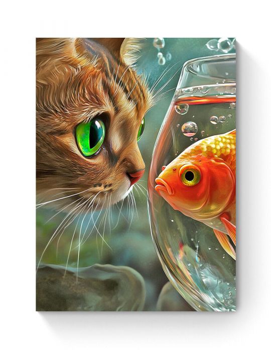 Алмазная мозаика на подрамнике «Кот и рыбка» 35x25 см