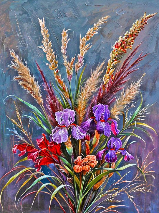 Алмазная мозаика без подрамника «Букет с ирисами» 35x25 см