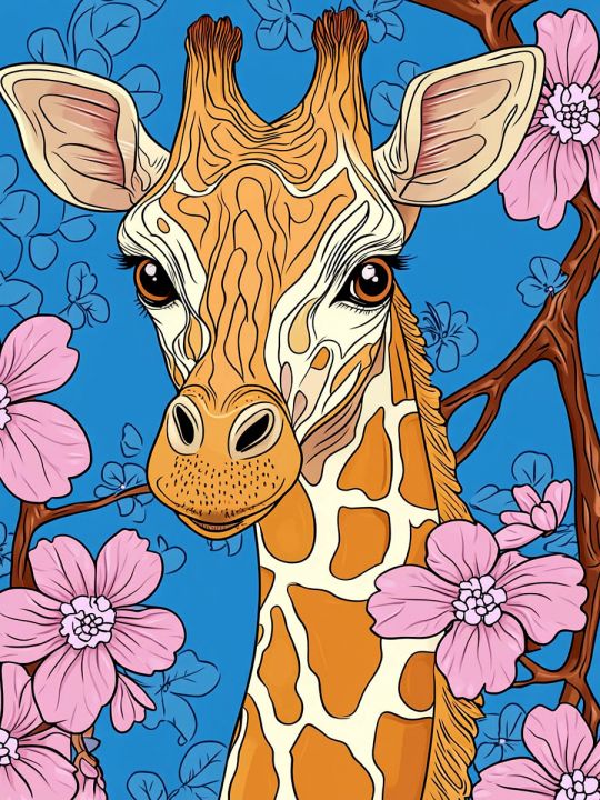 Алмазная мозаика без подрамника «Жираф в цветах» 80x60 см