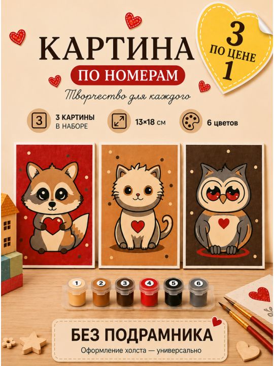 Картина по номерам 18x13 см, без подрамника. Набор 3 шт.