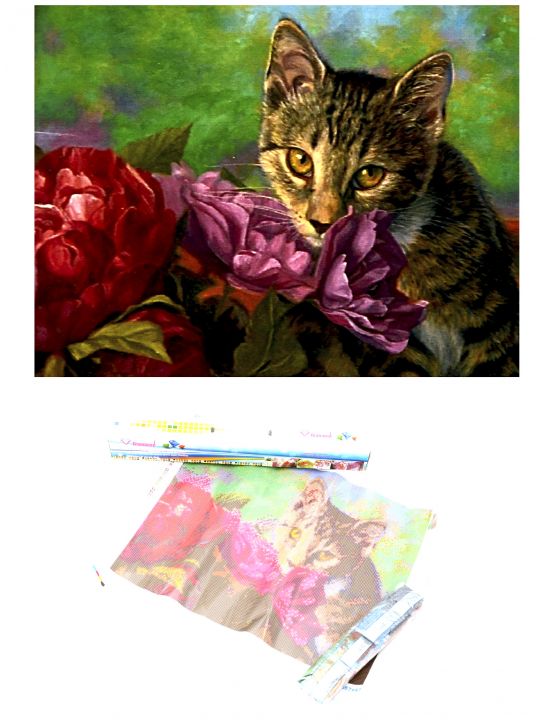 Алмазная мозаика «Котёнок и цветы» 