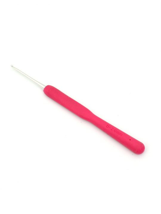 Крючок для вязания металлический с эргономичной резиновой ручкой , диаметр 2 мм, длина 14 см