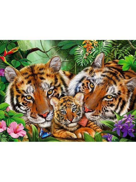Алмазная мозаика на подрамнике «Тигриная семья» 