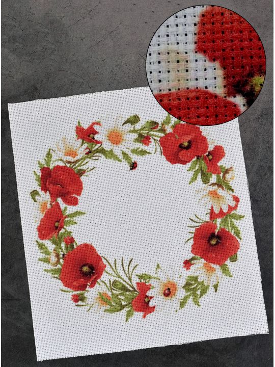 Канва цветная «Венок из маков и ромашек №14» 30 x 26 см.