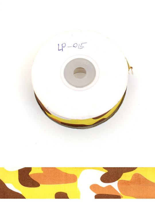 Лента атласная с рисунком «Камуфляж» 25 мм жёлтый с коричневым 22,4 м