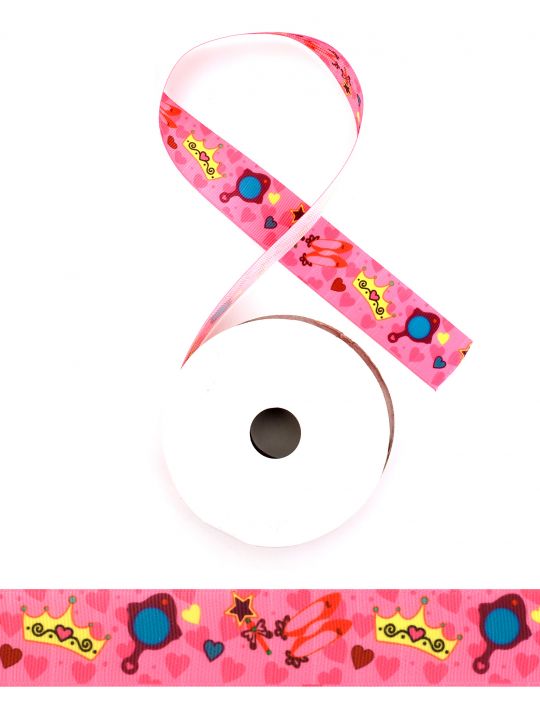 Лента атласная с рисунком «Атрибуты красотки» 25 мм розовая 22,4 м