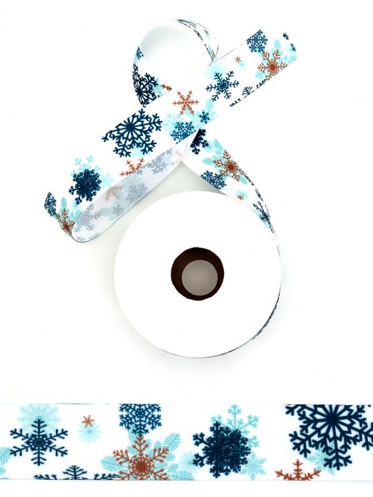 Лента репсовая с рисунком «Снежинки» 25 мм белая 22,4 м