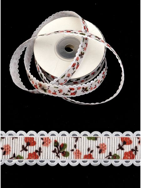 Лента репсовая 15 мм белая с цветочками 9,14 м