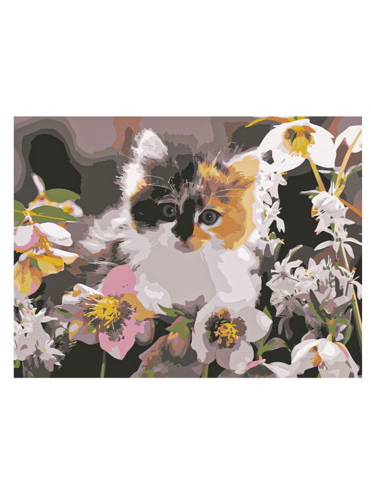 Картина по номерам на подрамнике «Котёнок в цветах» холст, 40 x 30 см