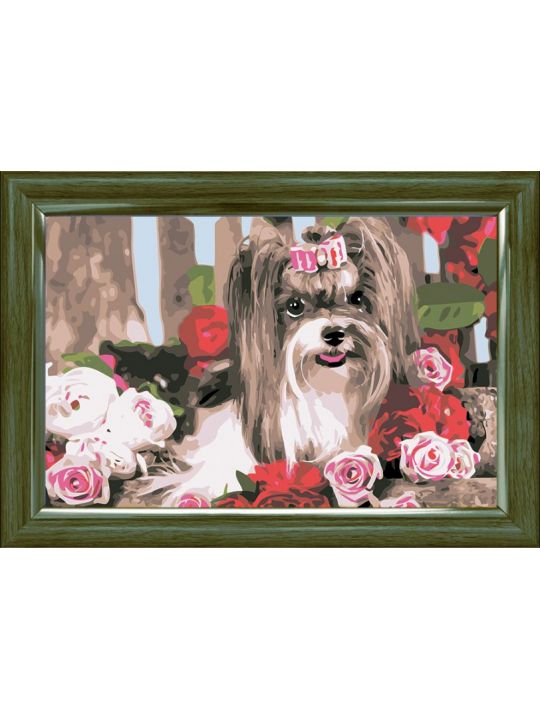 Картина по номерам на подрамнике «Собачка с бантиком в цветах» холст, 40 x 30 см