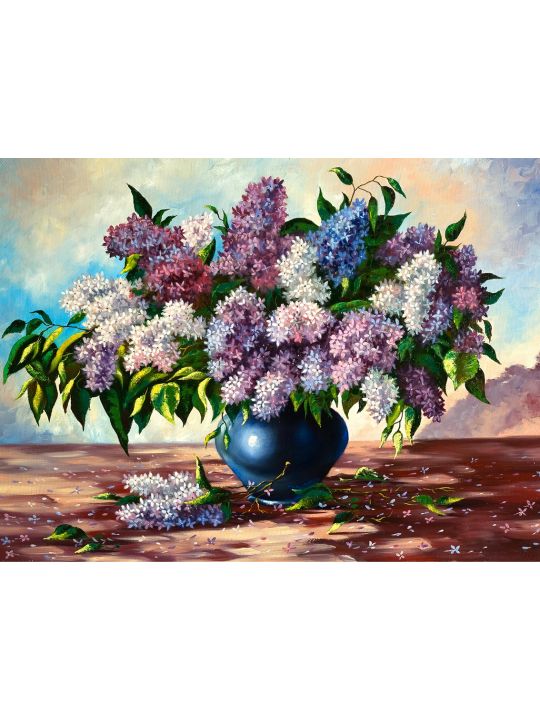 Алмазная мозаика без подрамника «Букет Сирени в Вазе» 50x40 см, 30 цветов