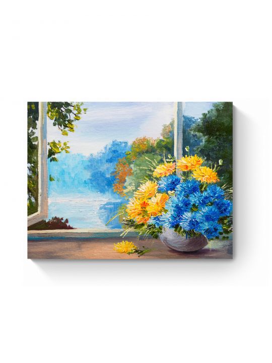 Картина интерьерная на подрамнике «Букет Цветов у Окна» холст 70 x 50 см
