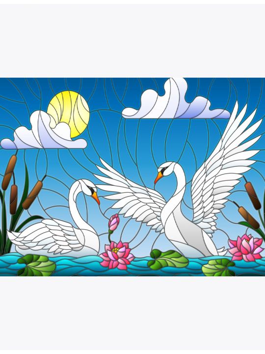 Алмазная мозаика без подрамника «Белые лебеди - витраж» 70x50 см, 50 цветов