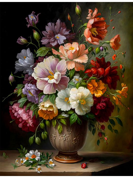 Алмазная мозаика без подрамника «Цветы в вазе» 90x70 см, 30 цветов