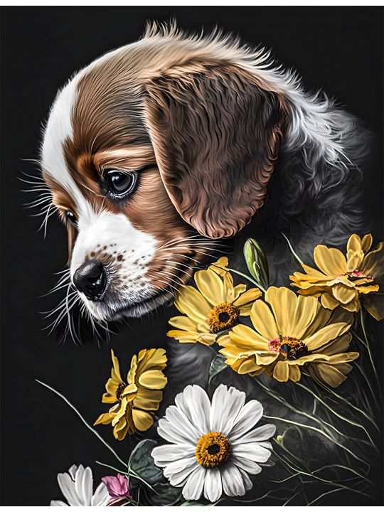 Алмазная мозаика без подрамника «Собака и цветы» 40x30 см
