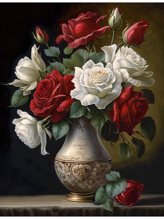 Алмазная мозаика на подрамнике «Розы в вазе» 50x40 см, 30 цветов