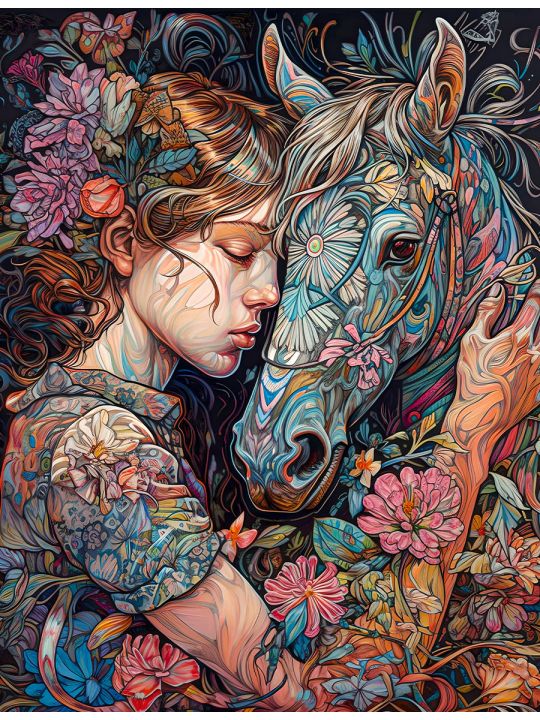Алмазная мозаика без подрамника «Девушка с лошадью» 70x50 см, 30 цветов