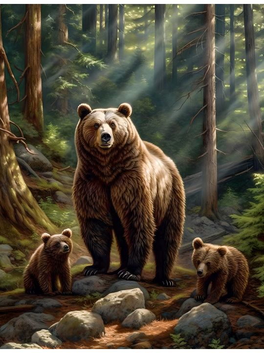 Алмазная мозаика без подрамника «Медведица с медвежатами» 130x100 см, 30 цветов