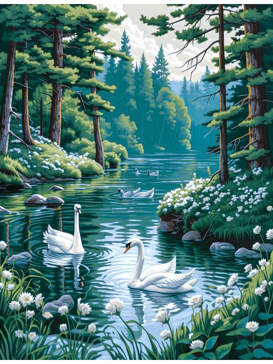Алмазная мозаика без подрамника «Прекрасные лебеди» 90x70 см, 30 цветов