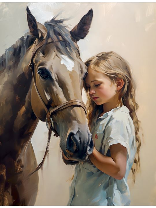 Алмазная мозаика без подрамника «Девочка с лошадью» 40x30 см, 30 цветов