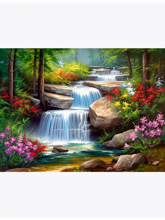 Алмазная мозаика без подрамника «Горная река в лесу» 70x50 см, 30 цветов