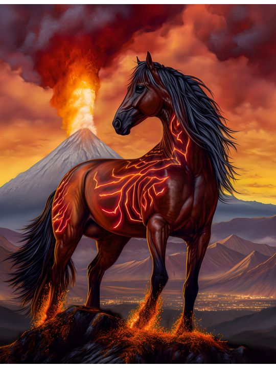 Алмазная мозаика без подрамника «Лошадь и взрыв вулкана» 40x30 см, 30 цветов