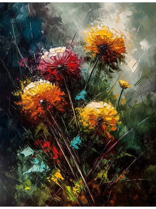 Алмазная мозаика на подрамнике «Цветы под дождем» 70x50 см, 50 цветов