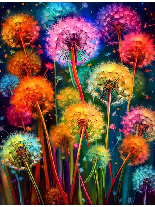 Алмазная мозаика на подрамнике «Разноцветные одуванчики» 90x70 см 50 цветов