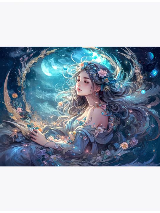 Алмазная мозаика на подрамнике «Девушка на фоне ночного неба» 70x50 см, 30 цветов