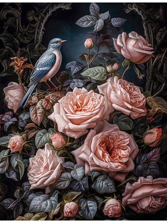 Алмазная мозаика на подрамнике «Птица на розе» 50x40 см 50 цветов