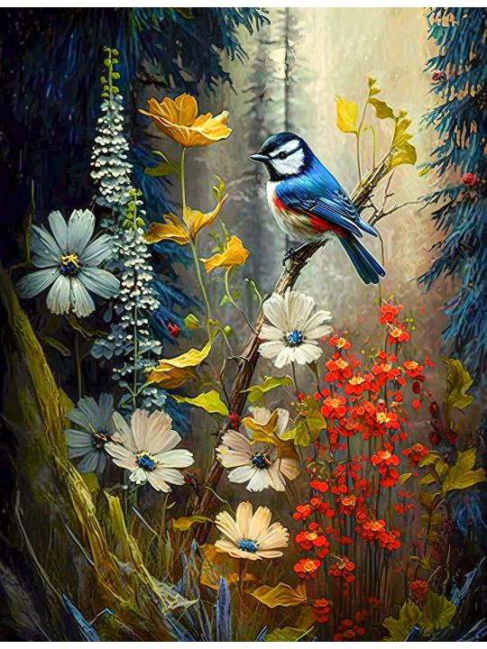 Алмазная мозаика без подрамника «Птица на цветах» 50x40 см, 30 цветов