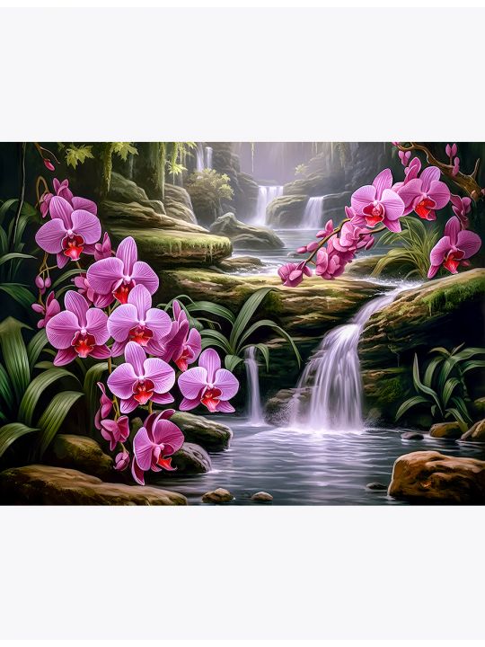 Алмазная мозаика без подрамника «Орхидеи на камнях» 130x100 см, 30 цветов