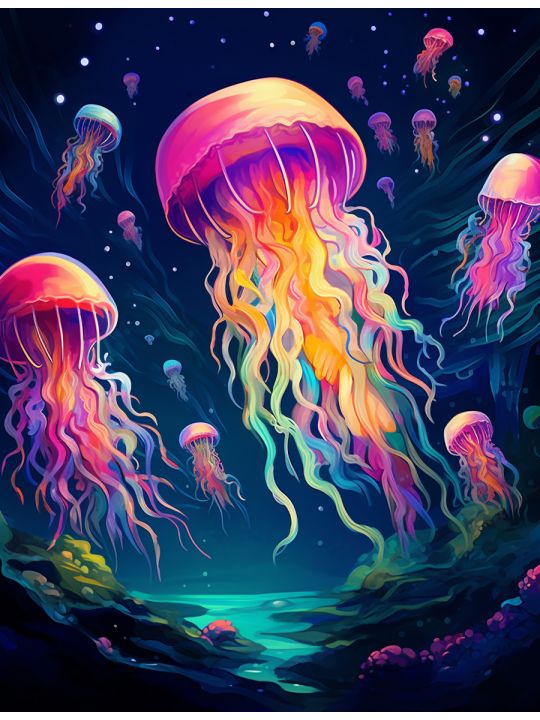 Алмазная мозаика без подрамника «Светящиеся медузы» 40x30 см, 30 цветов