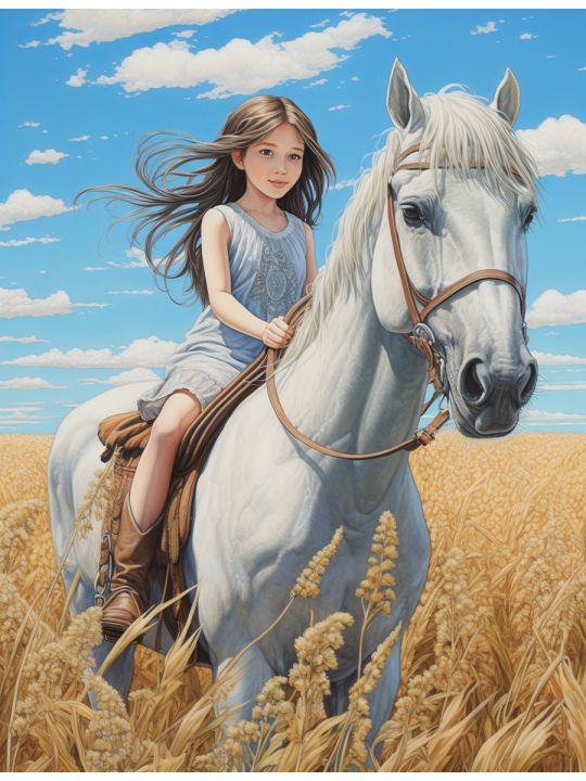Алмазная мозаика без подрамника «Девочка на лошади» 40x30 см, 49 цветов