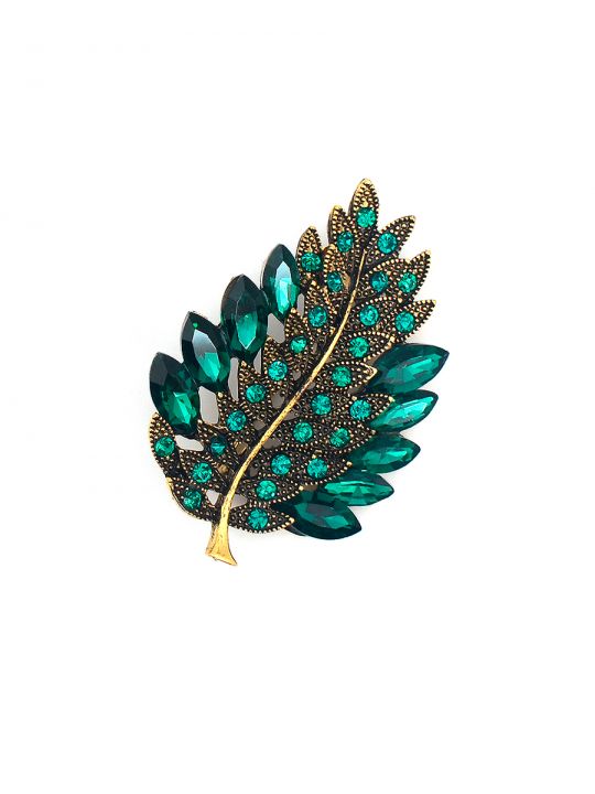 Брошь декоративная "Лист" изумрудный 4x5 см