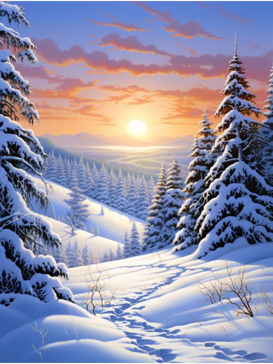 Алмазная мозаика на подрамнике «Зимний закат» 90x70 см, 49 цветов