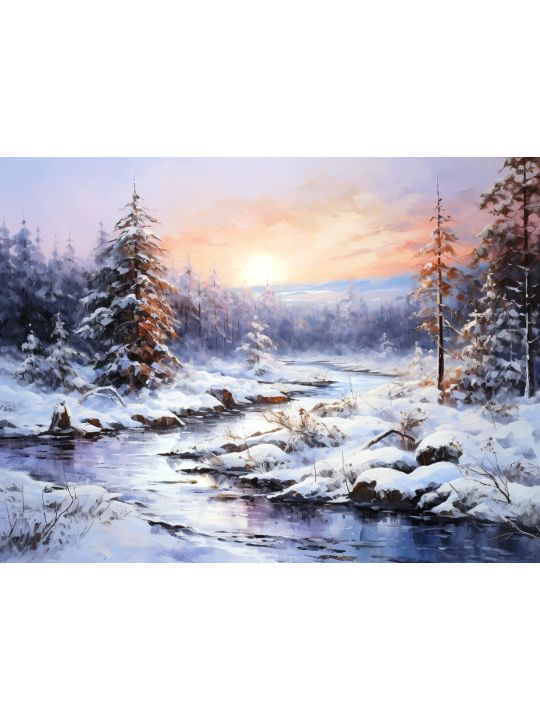 Алмазная мозаика без подрамника «Зимний закат» 130x100 см, 50 цветов
