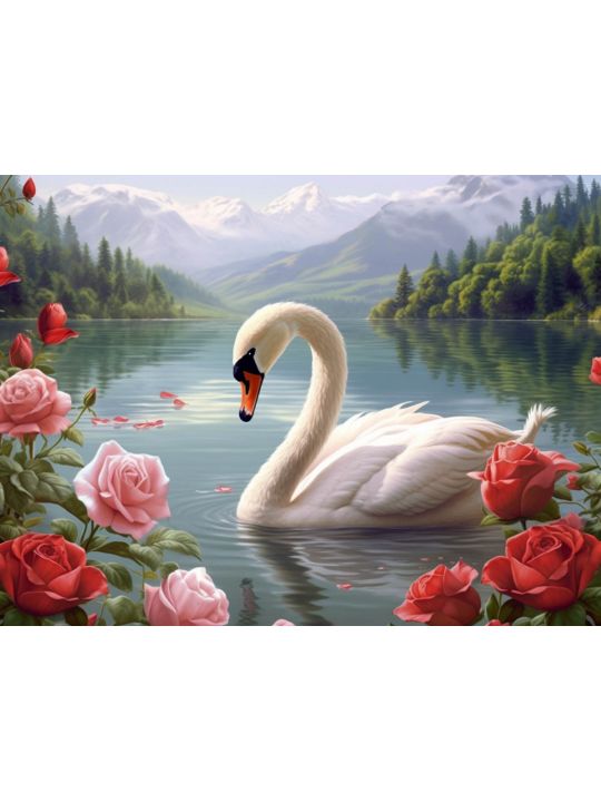 Алмазная мозаика без подрамника «Лебедь и розы» 50x40 см, 48 цветов