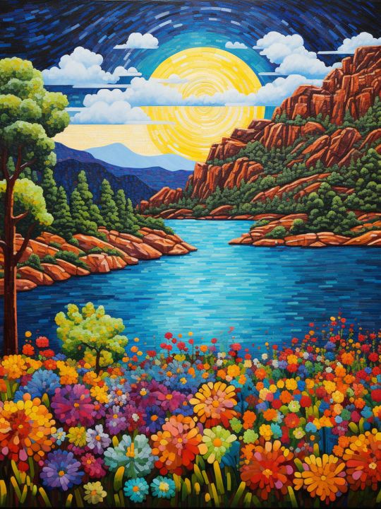 Алмазная мозаика на подрамнике «Озеро» 90x70 см, 50 цветов