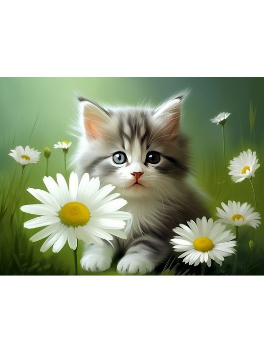 Алмазная мозаика без подрамника «Котёнок и ромашки» 50x40 см, 46 цветов