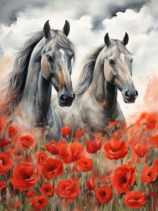 Алмазная мозаика на подрамнике «Лошади» 40x30 см, 50 цветов