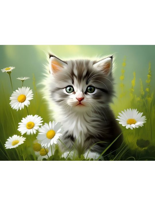 Алмазная мозаика без подрамника «Котёнок и ромашки» 50x40 см, 46 цветов
