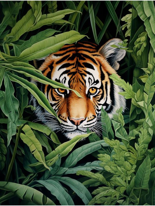 Алмазная мозаика без подрамника «Тигр в засаде» 50x40 см, 50 цветов